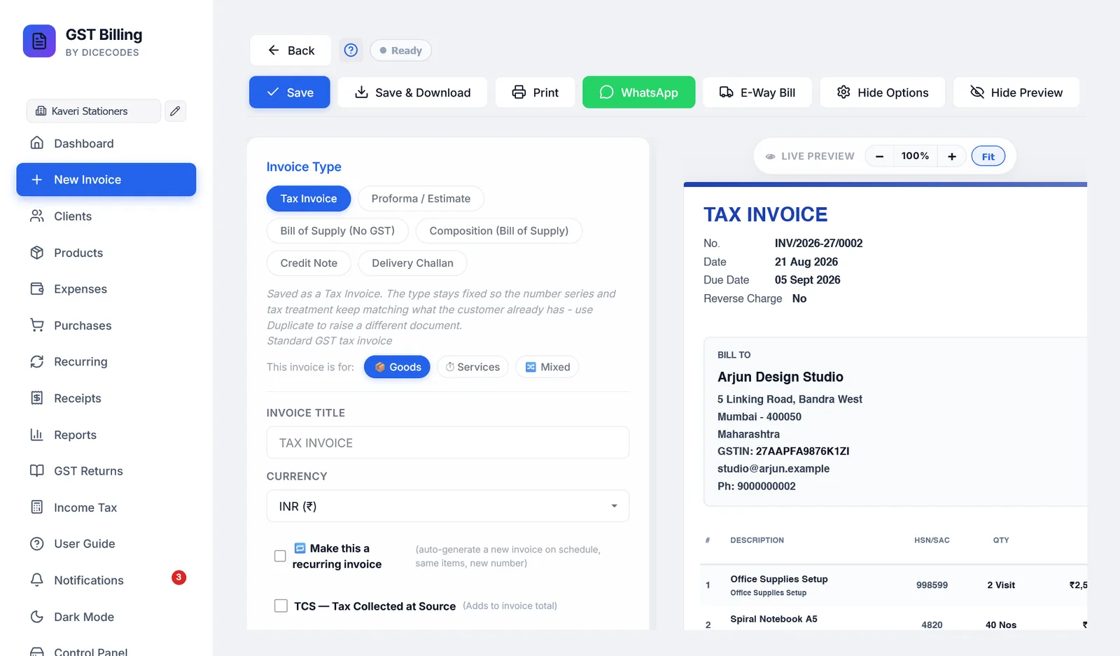 The Customize panel opens inside the Invoice Type card.