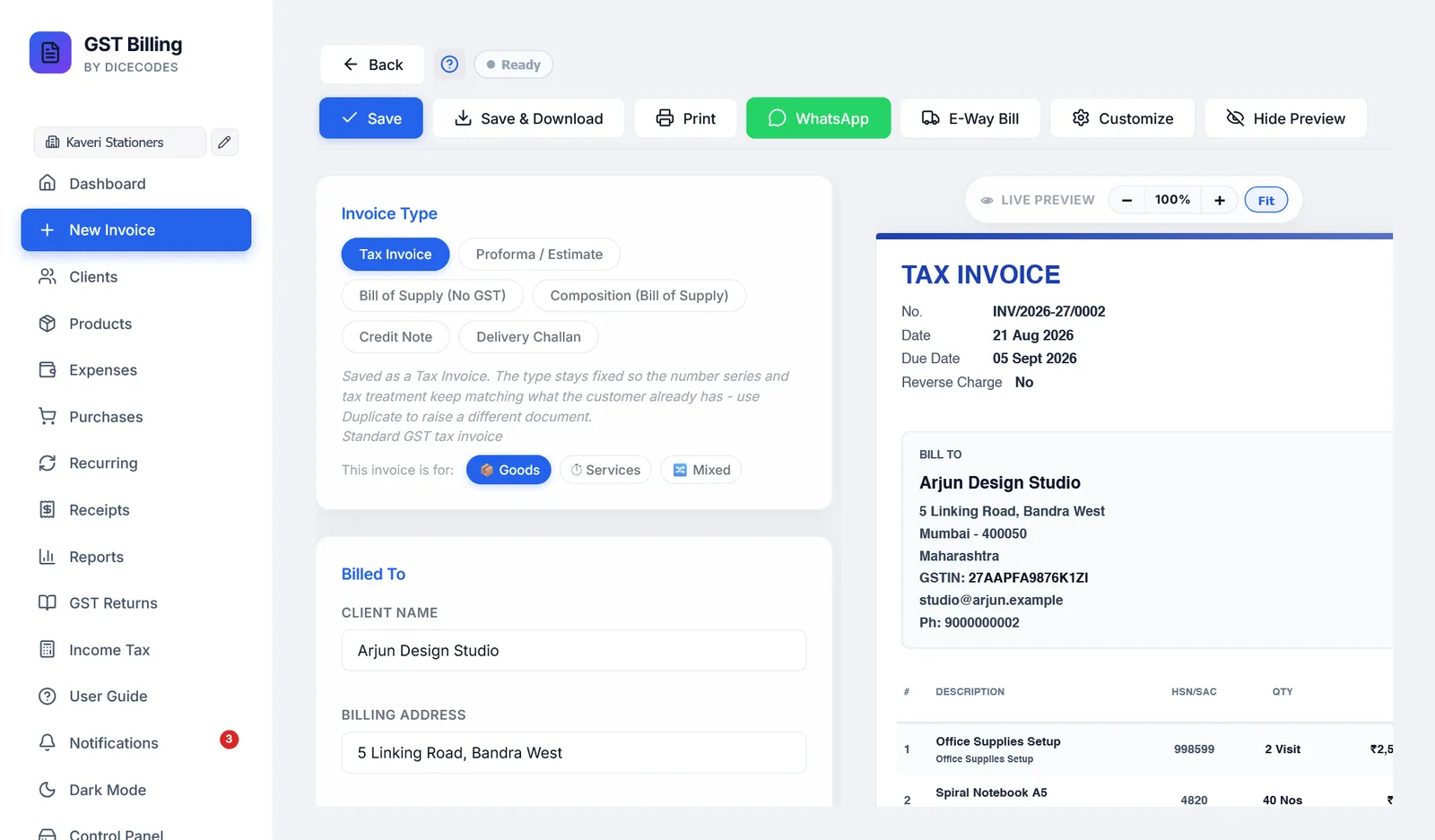 The invoice screen: the form on the left, the live preview on the right.