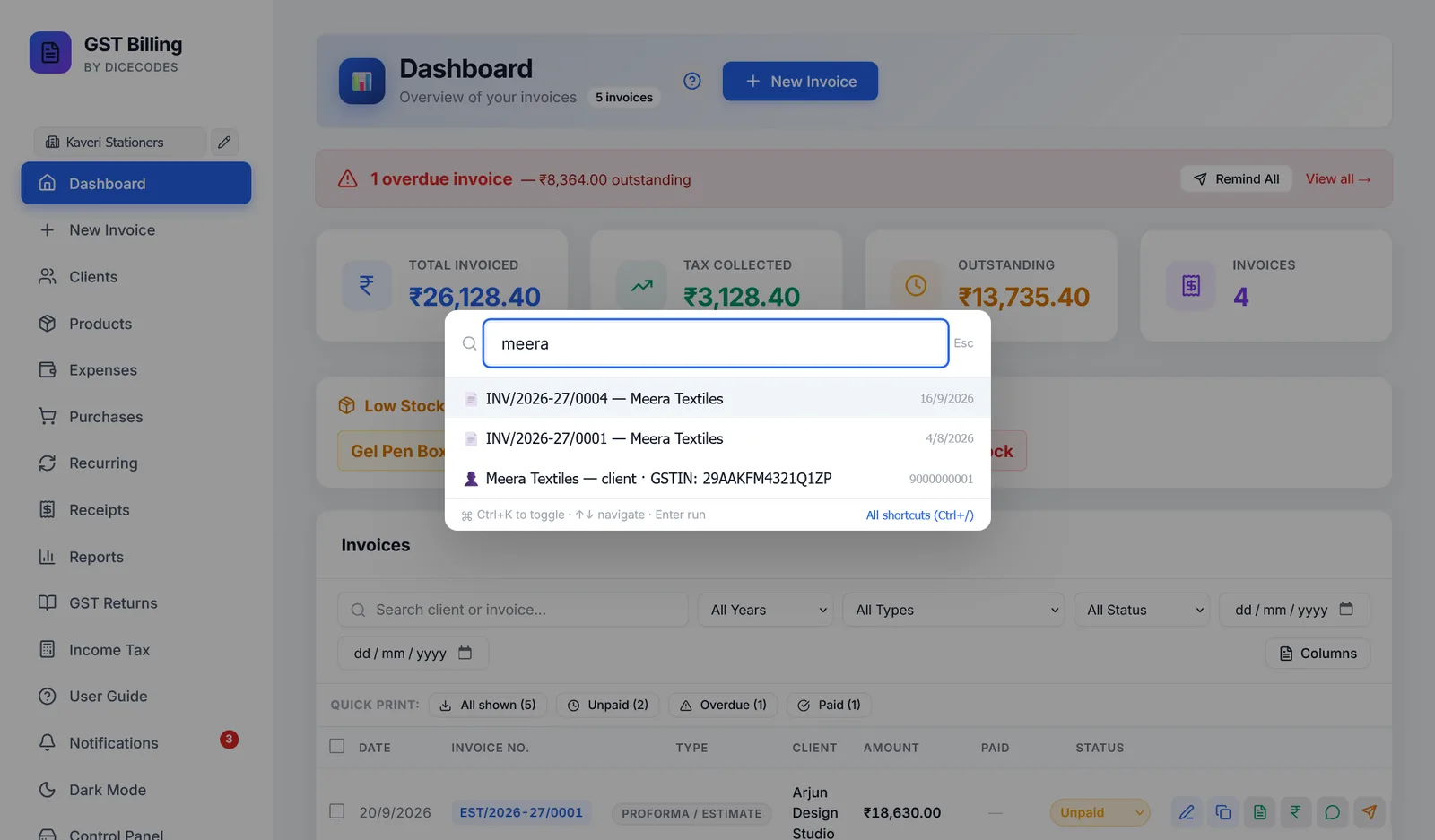 Quick search finding a client and their invoices.