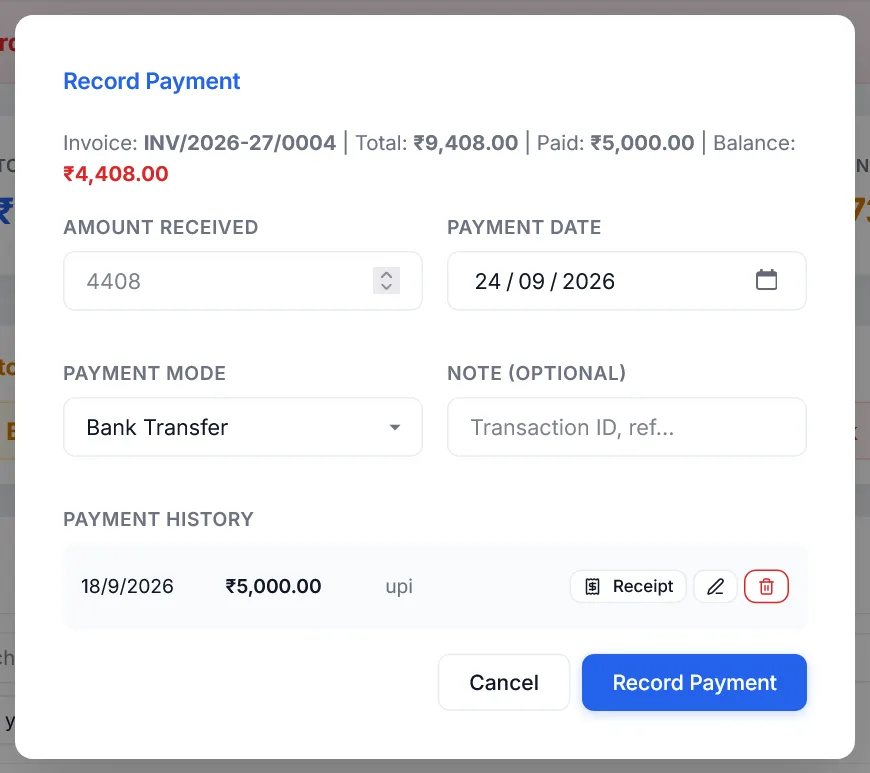 Recording the rest of a part-paid invoice. The earlier payment is under Payment History.