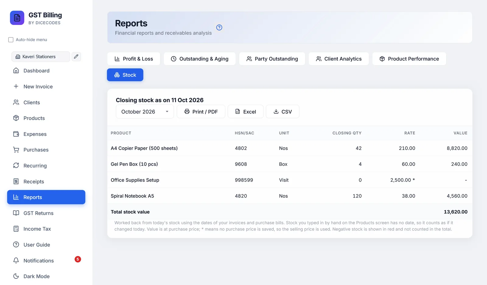 Reports, Stock: closing quantity, rate and value of each product, with the total stock value.