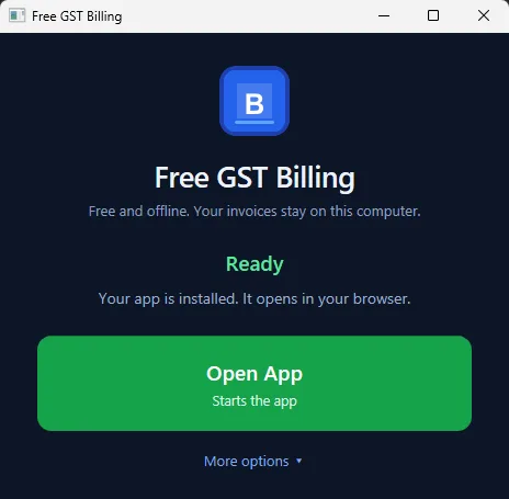 The launcher after install, showing one Open App button