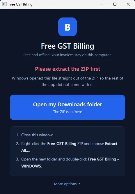 The launcher explaining that the ZIP needs to be extracted first